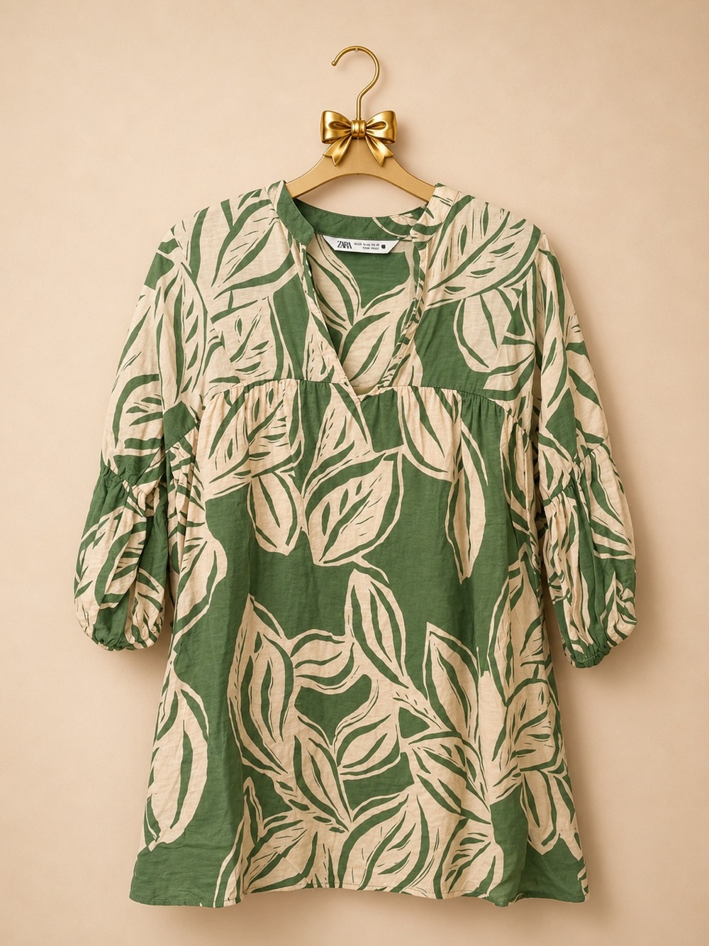 ZARA Green Leaf-Print Cotton Dress Top